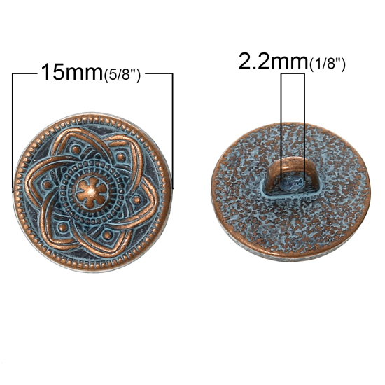 Picture of Zinc Based Alloy Metal Sewing Shank Buttons Round Antique Copper Flower Carved Spray Painted Blue 15mm( 5/8") Dia, 50 PCs
