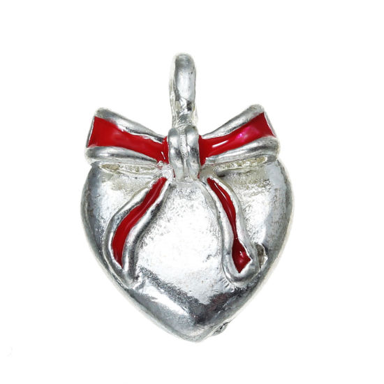 Immagine di Lega di Zinco Charm Ciondoli Cuore Argento Placcato Cravatta a Farfalla Scolpito Smalto 15mm x 11mm , 5 Pz