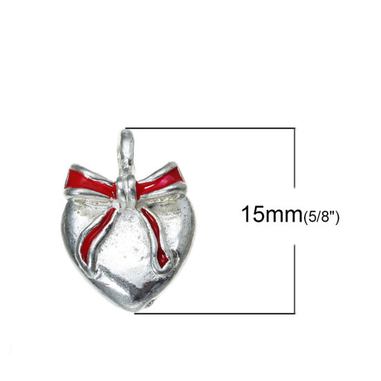 Immagine di Lega di Zinco Charm Ciondoli Cuore Argento Placcato Cravatta a Farfalla Scolpito Smalto 15mm x 11mm , 5 Pz