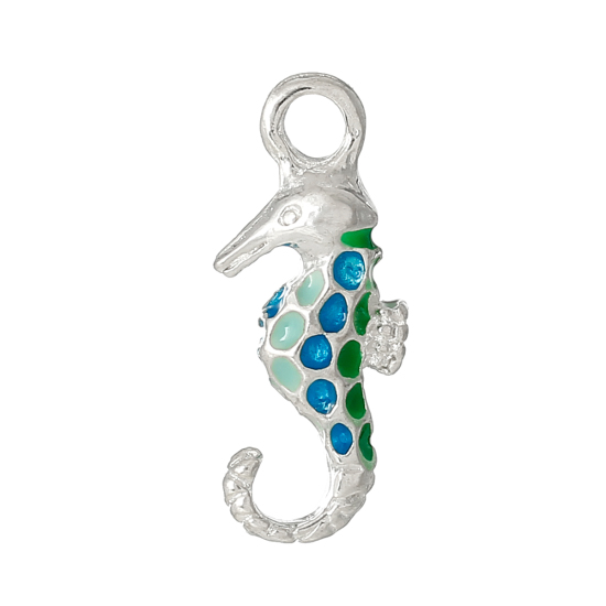 Picture of Ocean Jewelry Zinc Based Alloy Charms Seahorse Animal Silver Plated Multicolor Enamel 21mm( 7/8") x 9mm( 3/8"), 5 PCs