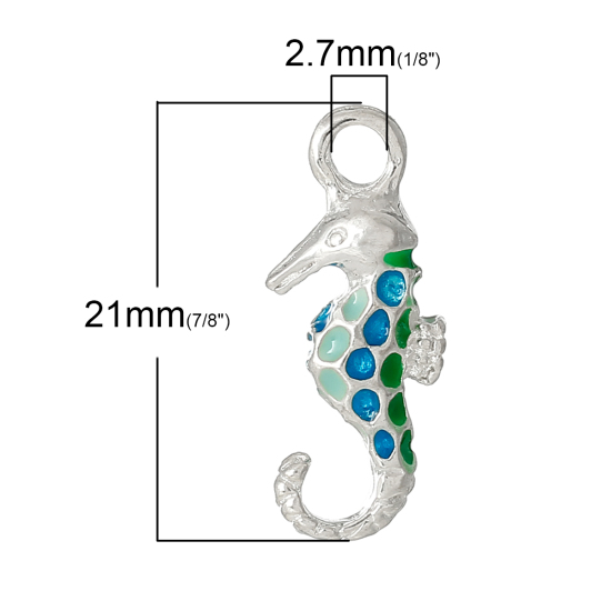 Picture of Ocean Jewelry Zinc Based Alloy Charms Seahorse Animal Silver Plated Multicolor Enamel 21mm( 7/8") x 9mm( 3/8"), 5 PCs