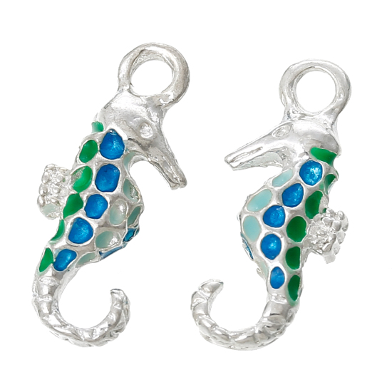 Picture of Ocean Jewelry Zinc Based Alloy Charms Seahorse Animal Silver Plated Multicolor Enamel 21mm( 7/8") x 9mm( 3/8"), 5 PCs