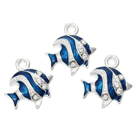 Image de Pendentif en Alliage de Zinc Animal Poisson Argenté à Strass Transparent Email 18mm x 16mm, 5 Pcs