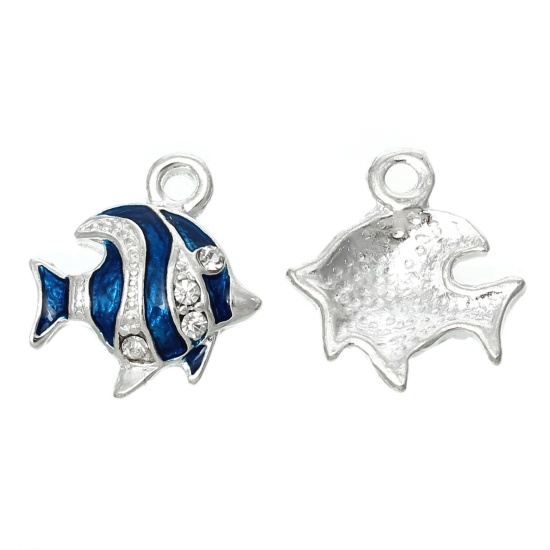 Image de Pendentif en Alliage de Zinc Animal Poisson Argenté à Strass Transparent Email 18mm x 16mm, 5 Pcs