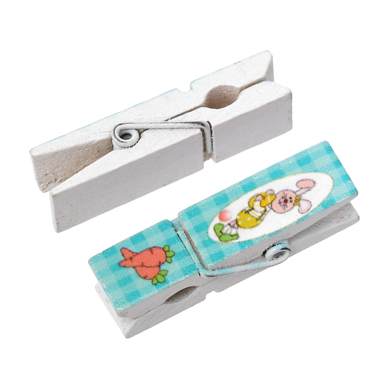 Picture of Wood Easter Photo Paper Clothes Clothespin Clips Note Pegs Multicolor Rabbit Pattern 4.5cm x1.5cm(1 6/8" x 5/8"), 2 Plates (6 PCs/Plate)