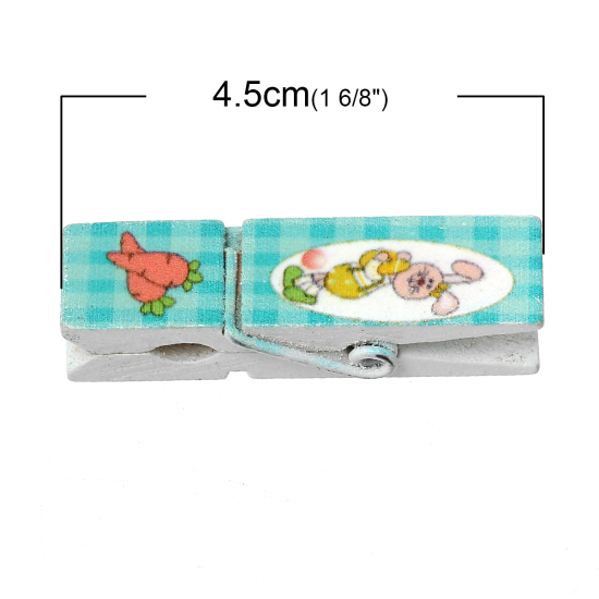 Picture of Wood Easter Photo Paper Clothes Clothespin Clips Note Pegs Multicolor Rabbit Pattern 4.5cm x1.5cm(1 6/8" x 5/8"), 2 Plates (6 PCs/Plate)