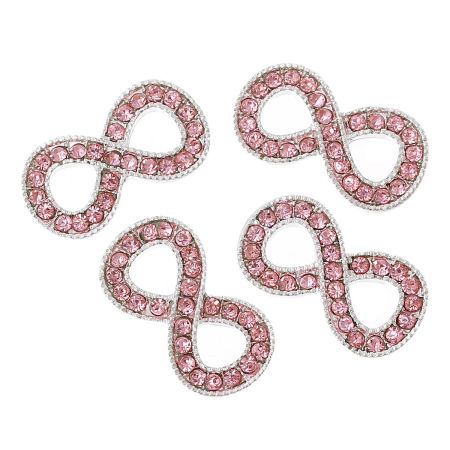 Zinc Based Alloy Connectors Infinity Symbol Silver Plated Pink Rhinestone 24mm x 13mm, 5 PCs