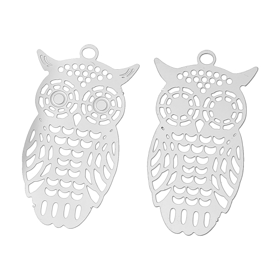 Immagine di Acciaio Inossidabile Charm Ciondoli Gufo Tono Argento Smalto 28mm x 15mm , Spessore: 0.3mm, 20 Pz