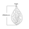 Picture of 304 Stainless Steel Filigree Stamping Charm Pendants Teardrop Silver Tone Pattern Hollow Carved 23mm( 7/8") x 16mm( 5/8"), 20 PCs