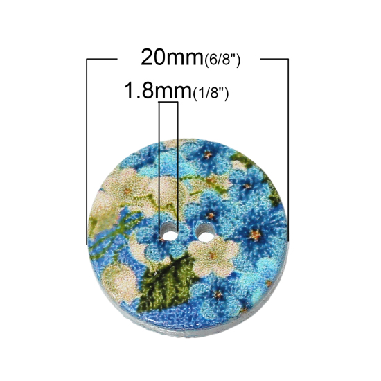 Picture of Wood Sewing Buttons Scrapbooking Round At Random Mixed 2 Holes Flower Pattern 20mm( 6/8") Dia, 100 PCs