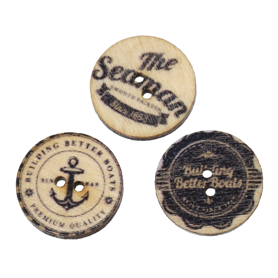 Picture of Natural Wood Sewing Buttons Scrapbooking Round Black 2 Holes At Random Mixed Pattern 20mm( 6/8") Dia, 100 PCs