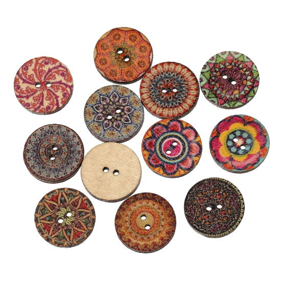 Picture of Natural Wood Sewing Buttons Scrapbooking Round At Random Mixed 2 Holes 20mm( 6/8") Dia, 100 PCs
