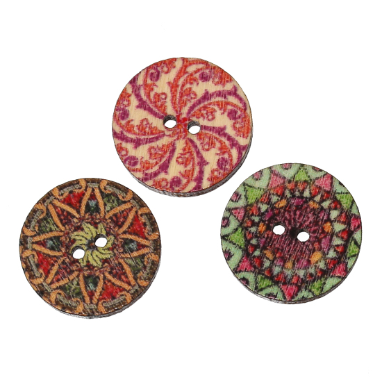 Picture of Natural Wood Sewing Buttons Scrapbooking Round At Random Mixed 2 Holes 20mm( 6/8") Dia, 100 PCs