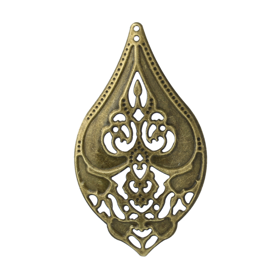 Picture of Iron Based Alloy Filigree Stamping Pendants Teardrop Antique Bronze Flower Carved Hollow 7cm(2 6/8") x 4cm(1 5/8"), 50 PCs