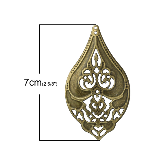 Picture of Iron Based Alloy Filigree Stamping Pendants Teardrop Antique Bronze Flower Carved Hollow 7cm(2 6/8") x 4cm(1 5/8"), 50 PCs