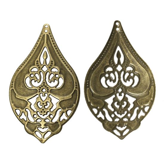 Picture of Iron Based Alloy Filigree Stamping Pendants Teardrop Antique Bronze Flower Carved Hollow 7cm(2 6/8") x 4cm(1 5/8"), 50 PCs