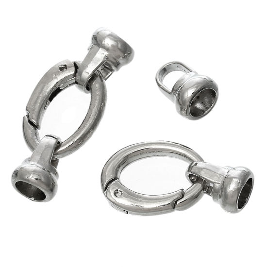 Picture of Zinc Based Alloy Hook Clasps Oval Silver Tone (Fits 6mm Cord) 3.7cm x 1.5cm, 5 Sets