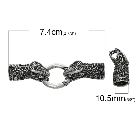 Picture of Zinc Based Alloy Hook Clasps Snake Animal Antique Silver Color (Fits 10.5mm Cord) 7.4cm x 2.5cm, 2 Sets