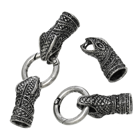 Picture of Zinc Based Alloy Hook Clasps Snake Animal Antique Silver Color (Fits 10.5mm Cord) 7.4cm x 2.5cm, 2 Sets