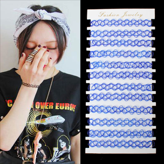 Picture of Plastic Stretch Bracelets Imitation Tattoo Blue 20.0cm(7 7/8") x 9.5cm(3 6/8"), 1 Plate(Approx 12 PCs)