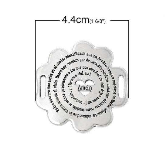 Bild von Zinklegierung Verbinder Blumen Antiksilber mit Message Herz Hohl 4.4cm x 4.3cm, 10 Stücke
