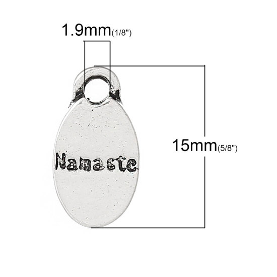 Immagine di Lega di Zinco Charm Ciondoli Ovale Argento Antico Lettere Scolpito " Namaste " 15mm x 8mm , 30 Pz