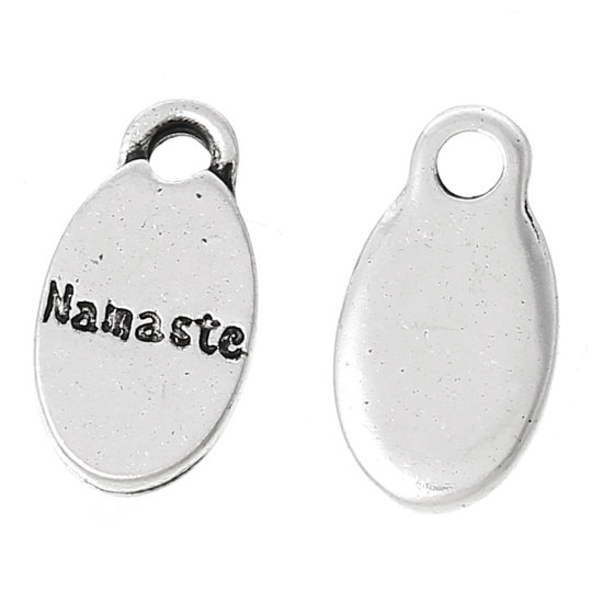 Immagine di Lega di Zinco Charm Ciondoli Ovale Argento Antico Lettere Scolpito " Namaste " 15mm x 8mm , 30 Pz