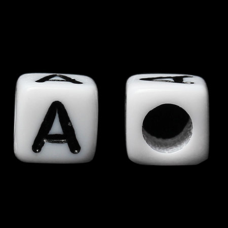 Cuentas Acrílico Cubo Blanco & Negro Letra "A" 6mm x 6mm, Agujero: acerca de 3.5mm, 500 Unidades