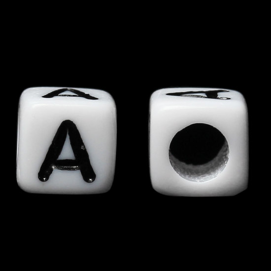 Immagine di Acrilato Separatori Perline Quadrato Cubo Bianco & Nero Lettera "A" Disegno Circa 6mm x 6mm, Foro: Circa 3.5mm, 500 Pz