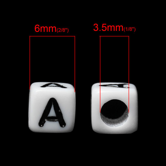 Immagine di Acrilato Separatori Perline Quadrato Cubo Bianco & Nero Lettera "A" Disegno Circa 6mm x 6mm, Foro: Circa 3.5mm, 500 Pz