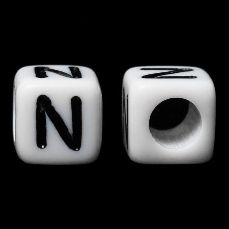 Immagine di Acrilato Separatori Perline Quadrato Cubo Bianco & Nero Lettera "N" Disegno Circa 6mm x 6mm, Foro: Circa 3.5mm, 500 Pz