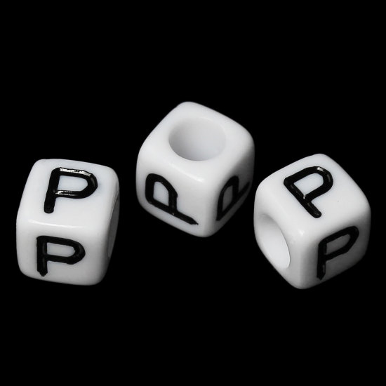 Bild von Acryl Spacer Zwischenperlen Perlen Würfel Weiß & schwaz Buchstaben "P" ca 6mm x 6mm Loch:ca 3.5mm 500 Stück