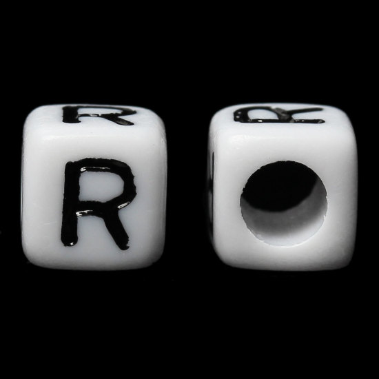 Imagen de Cuentas Acrílico Cubo Blanco & Negro Letra "R" 6mm x 6mm, Agujero: acerca de 3.5mm, 500 Unidades