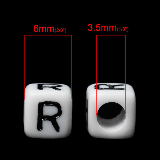 Imagen de Cuentas Acrílico Cubo Blanco & Negro Letra "R" 6mm x 6mm, Agujero: acerca de 3.5mm, 500 Unidades