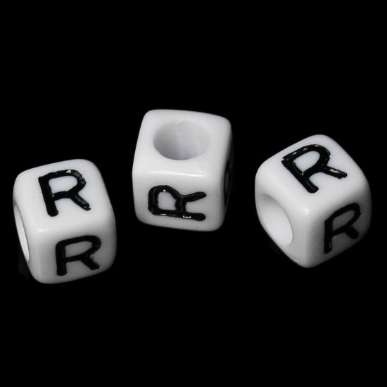 Imagen de Cuentas Acrílico Cubo Blanco & Negro Letra "R" 6mm x 6mm, Agujero: acerca de 3.5mm, 500 Unidades