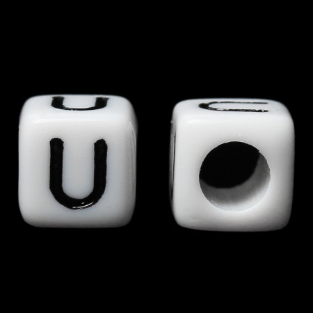Picture of Acrylic Spacer Beads Cube White & Black Alphabet/ Letter "U" About 6mm x 6mm, Hole: Approx 3.5mm, 500 PCs