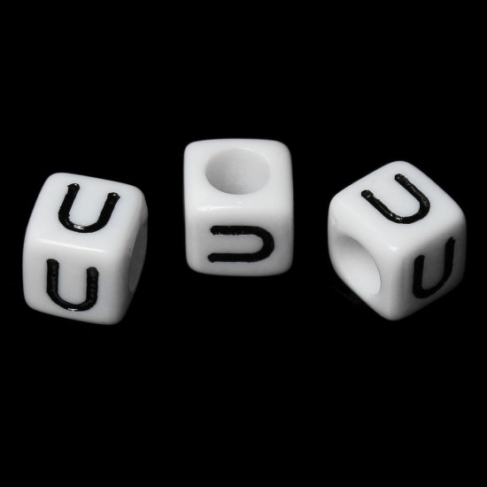 Immagine di Acrilato Separatori Perline Quadrato Cubo Bianco & Nero Lettera "U" Disegno Circa 6mm x 6mm, Foro: Circa 3.5mm, 500 Pz