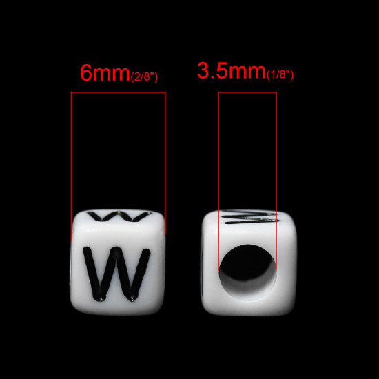Imagen de Cuentas Acrílico Cubo Blanco & Negro Letra "W" 6mm x 6mm, Agujero: acerca de 3.5mm, 500 Unidades
