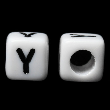 Picture of Acrylic Spacer Beads Cube White & Black Alphabet/ Letter "Y" About 6mm x 6mm, Hole: Approx 3.5mm, 500 PCs
