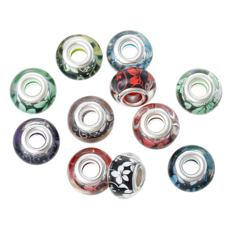 Glass European Style Large Hole Charm Beads Round At Random Mixed Silver Tone Core Flower Pattern About 14mm x 9mm, Hole: Approx 5.1mm, 20 PCs