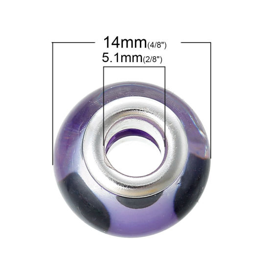 Bild von Glas European Stil Charm Großlochperlen Rund Silberfarbe Punkt Zufällig Mix etwa 14mm x 9mm, Loch:Ca 5.1mm, 20 Stück