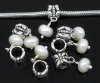 Bild von European Stil Charm Großloch Dangling Perlen Flachrund Milchweiß Versilbert 23x8mm, 10 Stücke