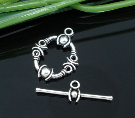 Picture of Zinc Based Alloy Toggle Clasps Oval Antique Silver Color Pattern 21mm x 17mm 25mm x 8mm, 25 Sets