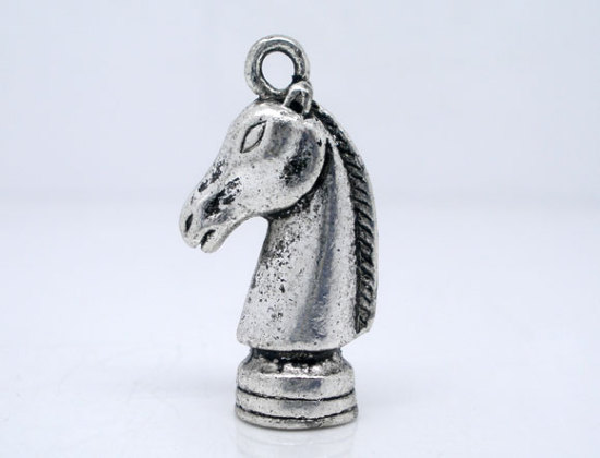 Picture of Zinc Metal Alloy 3D Charm Pendants Chess Knight Antique Silver Color 27mm(1 1/8") x 8mm( 3/8"), 10 PCs