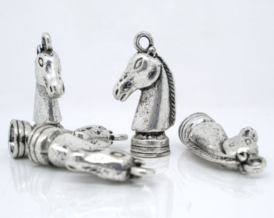 Picture of Zinc Metal Alloy 3D Charm Pendants Chess Knight Antique Silver Color 27mm(1 1/8") x 8mm( 3/8"), 10 PCs
