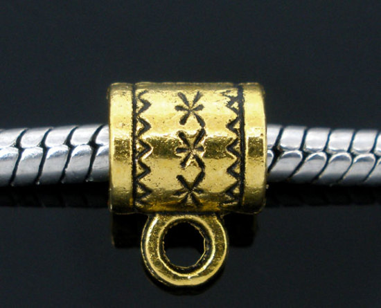 Image de Bélières Perles en Alliage de Zinc Style Européen pour Bracelet Tasse Rond Or vieilli Gravé Caractère 8mm x 6mm, Trous: 5mm, 100 Pcs