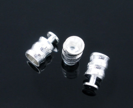 Copper Snake Chain End Tips Caps Findings Fit European Style Necklace Silver Plated Threaded Carved 7.2mm( 2/8") x 4.2mm( 1/8"), 100 PCs