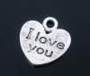 Picture of Zinc Based Alloy Charms Heart Antique Silver Color Message " I Love you " 12mm( 4/8") x 11mm( 3/8"), 50 PCs