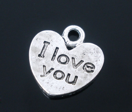 Immagine di Lega di Zinco Charm Ciondoli Cuore Argento Antico Lettere Disegno I Love you Intagliato 12.0mm x 11.0mm, 50 Pz