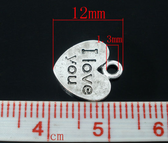 Immagine di Lega di Zinco Charm Ciondoli Cuore Argento Antico Lettere Disegno I Love you Intagliato 12.0mm x 11.0mm, 50 Pz